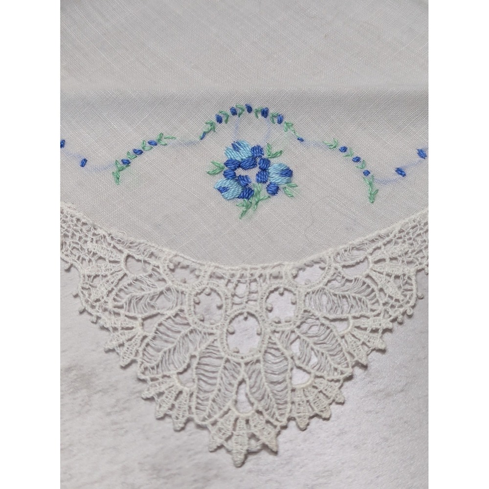 Vintage Handkerchief Women White Blue Floral Lace Embroidery 9x9 Square